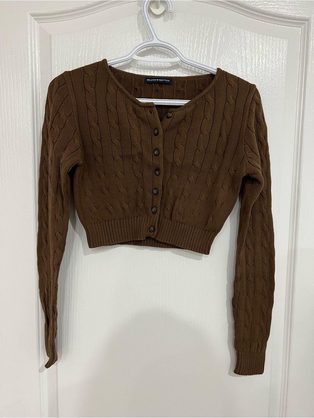 Brandy Melville Cropped Cable-Knit Button Cardigan - Brown